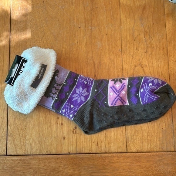 Ola Nesje Ab Accessories - Swedish Sherpa Slipper Socks Non Slip Gripper Cozy Fair Isle Purple Gray 6-9
